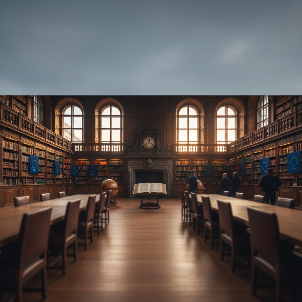 Sentenza CGUE Wirth — aula del tribunale vuota con biblioteca giuridica