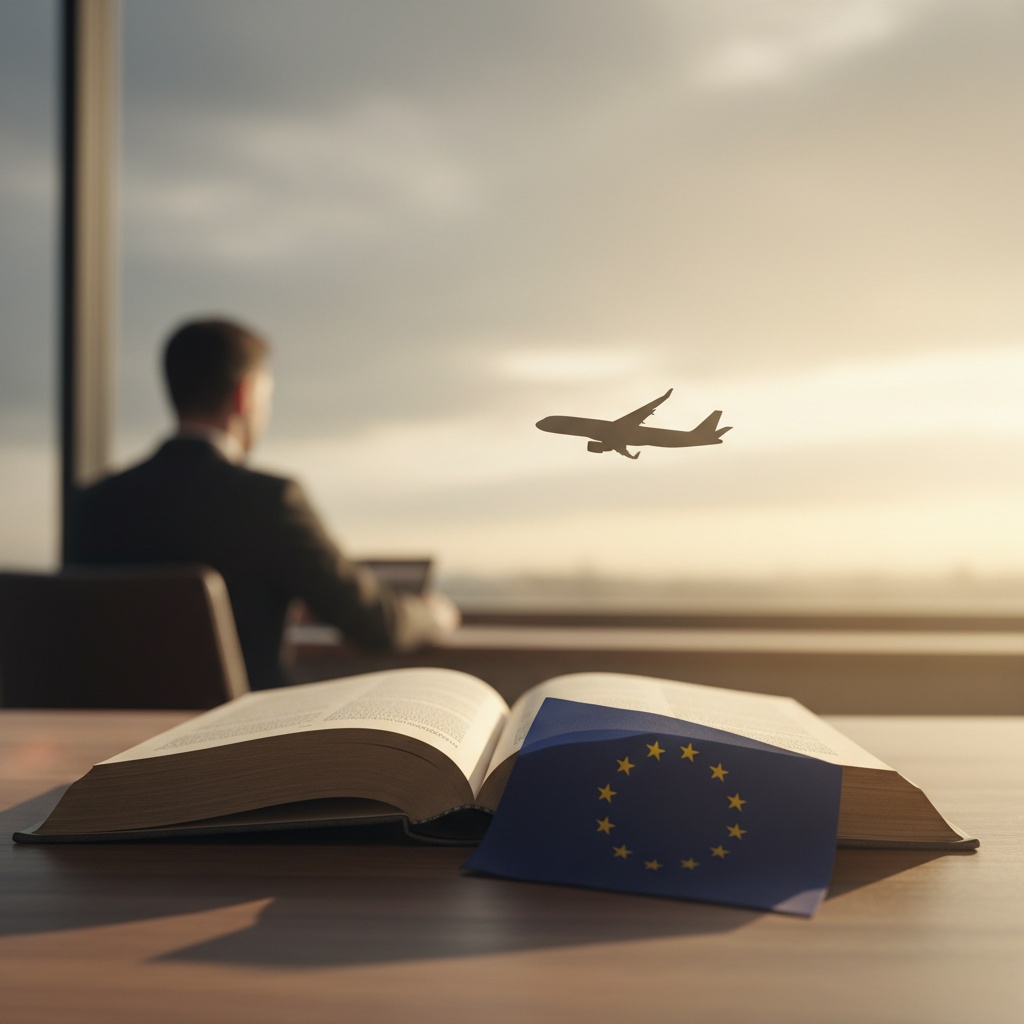 Regolamento (CE) 261/2004 — testo giuridico con bandiera UE e aereo
