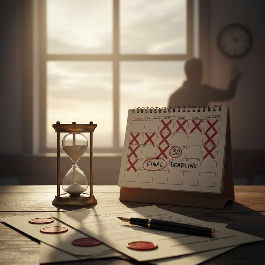Calendario con mesi cancellati, clessidra e documenti legali — prescrizione del diritto