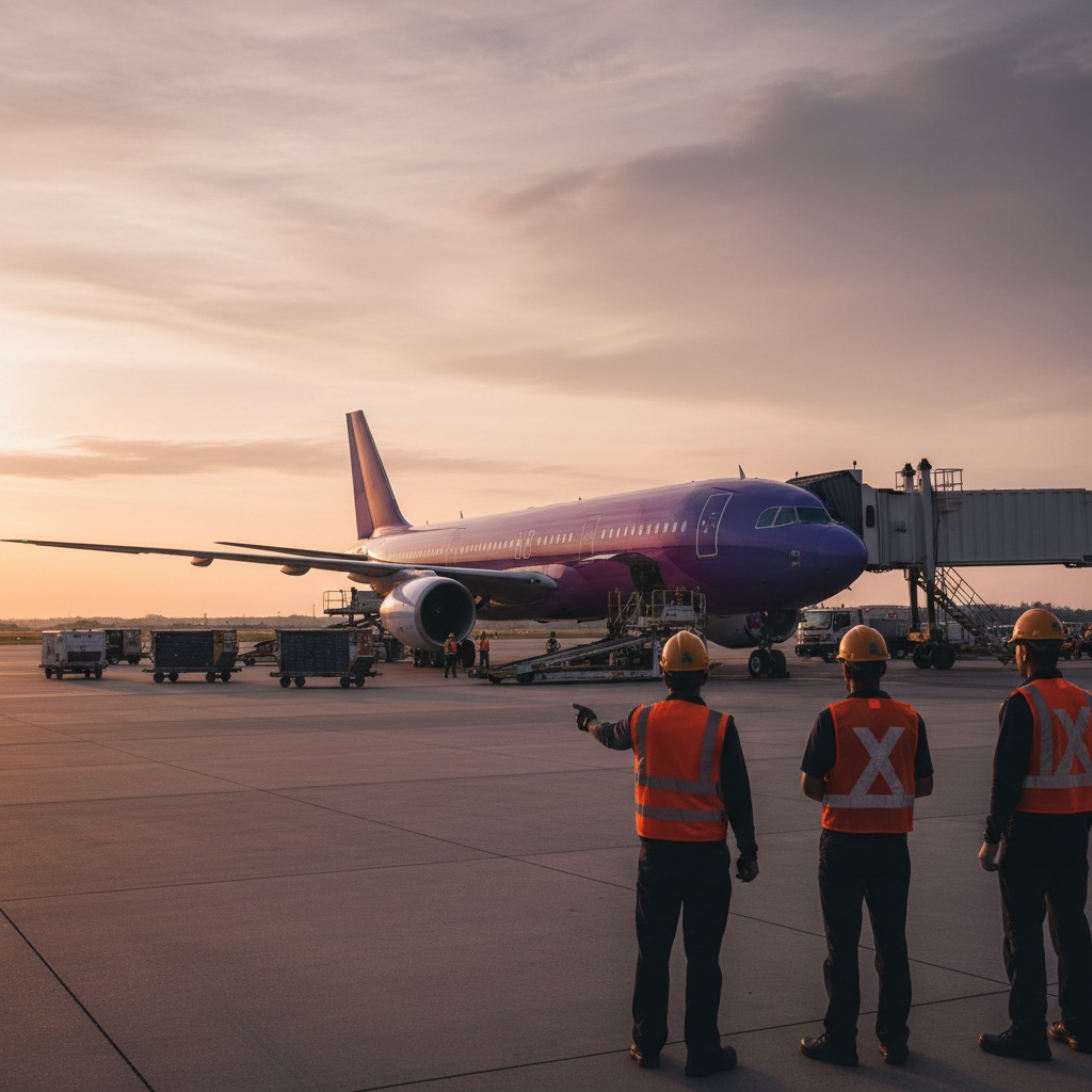 Aereo passeggeri Wizz Air al gate al tramonto